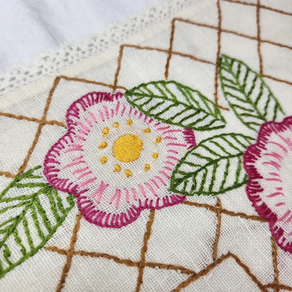 Vintage Hand-embroidered Linen Floral Table Runner Dresser Scarf 12